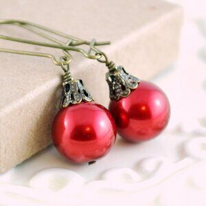 Red Christmas Earrings in Antiqued Brass - Made in Canada